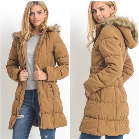 Long Olive Green Hooded Puffer Faux Fur Belted Parka Coat - Picture 2 of 6